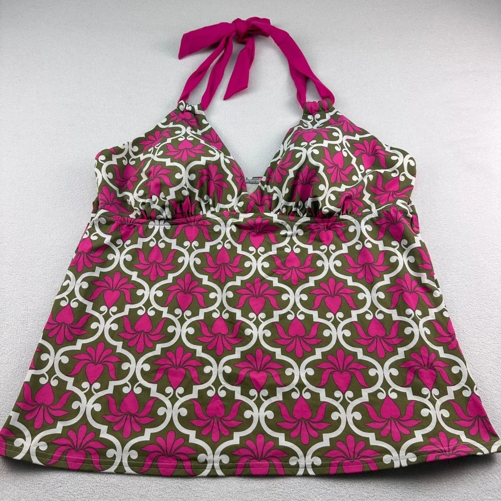 Lands End‎ Tankini Swim Top Womens Sz Lg Pink Olive Green Floral Damask Halter